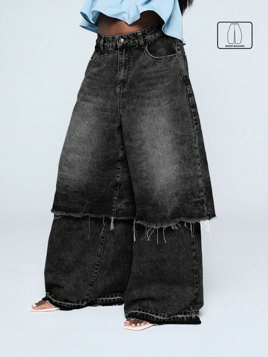 COUREZ Low Rise Layered Jorts Over Baggy Jeans In Black Wash/Y2K Autumn Clothes For Women Outfits Wide Leg Jeans Oversized Concert Bottoms Pants For Women - Grey - View 1