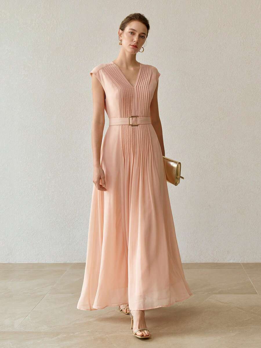 MOTF PREMIUM WOMEN'S SUMMER ELEGANT SOLID COLOR V-NECK FOLD PLEATED WAIST TIE DRESS - Pink - View 2