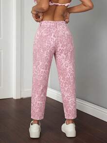 SHEIN PETITE Women's Fashion Versatile Leopard Print Button Pocket Denim Jeans - Pink - View 2