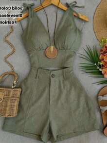 Franclia Summer Casual Solid Color V-Neck Tie Shoulder Top And Shorts Set - Army Green - View 1