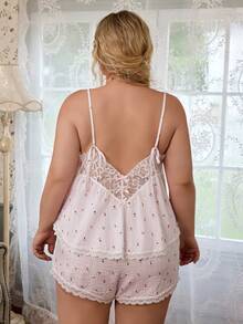 CottageSlumber Romantic Pajama Set With Printed Cotton Woven Fabric And Lace Trim Camisole Top And Shorts - Multicolor - View 2