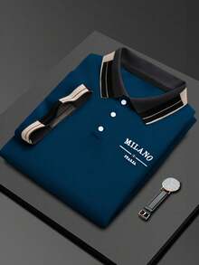 Calvornis 男士珠飾刺繡羅紋領短袖休閒 Polo 衫 - 霧霾藍 - 查看 2