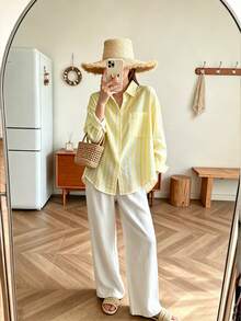 Franclia Women's Loose Casual Cotton Blend Yellow & White Striped Shirt - Multicolor - View 6