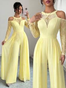 Modelyn Lace Patchwork Long Sleeve Off-Shoulder Sequin Elegant Jumpsuit For Women Party Pale Yellow Summer - Yellow - View 3