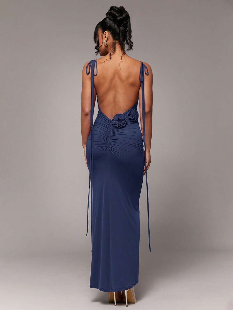 Silquee Women's Summer Sexy Elegant Solid Color Backless Spaghetti Strap Dress Night Out Navy Blue - Navy Blue - View 1