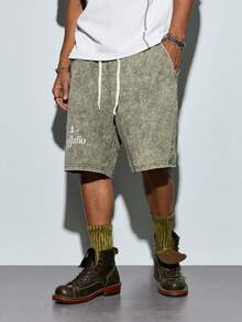 Men's Army Green Letter Print Knit Shorts, Streetwear, Pocket, Drawstring, Summer, Short Pants, Lightweight, Breathable, Cool, Casual, Comfortable Gift For Father/ Husband - Army Green - View 5