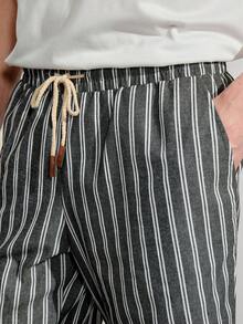 VeloEdit Men's Woven Striped Short Waist Slim Fit Casual Straight Leg Shorts, Suitable For Daily Wear In Summer - Black - View 7