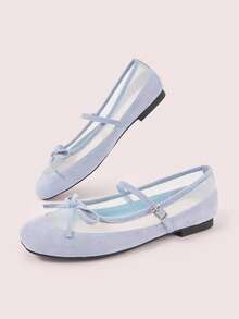 CUCCOO DOLLMOD Retro French Splicing Mesh Bow Elegant Mary Jane Shoes Women's Fashion Simple Commuting Spring New Blue Low Vamp Round Toe Flat Shoes - Light blue - View 3