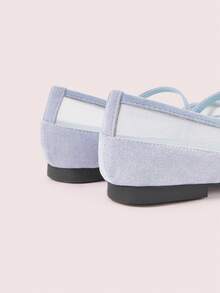 CUCCOO DOLLMOD Retro French Splicing Mesh Bow Elegant Mary Jane Shoes Women's Fashion Simple Commuting Spring New Blue Low Vamp Round Toe Flat Shoes - Light blue - View 6