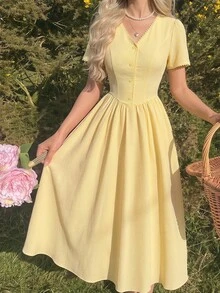 Vintamour 復古優雅女款長洋裝，附口袋、蕾絲與鈕扣設計，休閒度假節慶風，優雅鄉村風黃色洋裝，適合 2026 秋冬 - 鵝黃色 - 查看 1