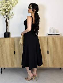 Vassilux Women's Vintage Black Fishbone Pattern Asymmetric Shoulder Dress Elegant Summer - Black - View 3