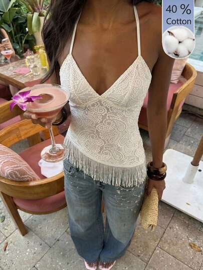 SHEIN Unity Women's Summer White Lace Tassel Camisole Top, V-Neck Slim Fit Flattering Sexy Style Hot Girl Asymmetric Hem Top, Holiday, Party Top, Beach, Graduation Ceremony, Outing Top, Birthday, Elegant Top, Casual Top, Holiday, White Tassel Top
