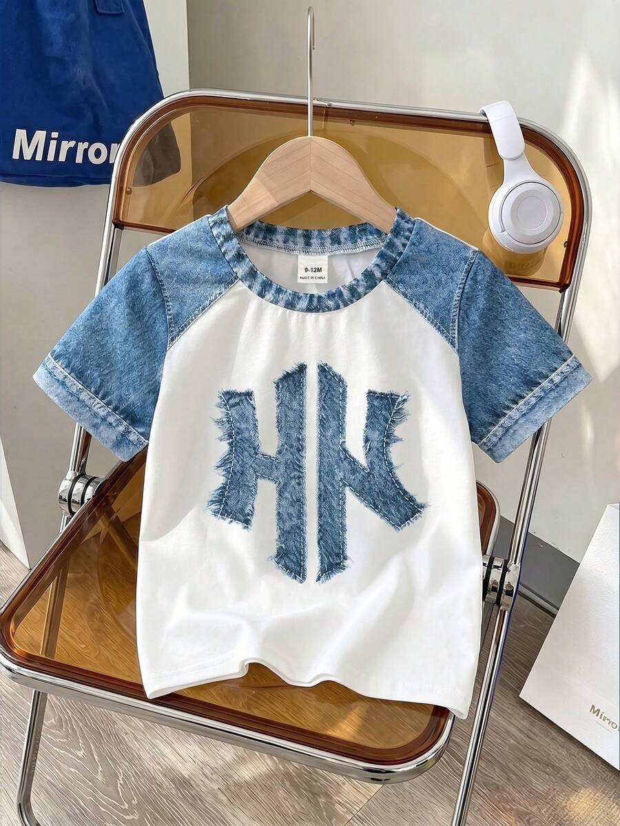 SHEIN Baby Boy Crew Neck Applique Casual Versatile Daily Short Sleeve Top - Multicolor - View 1