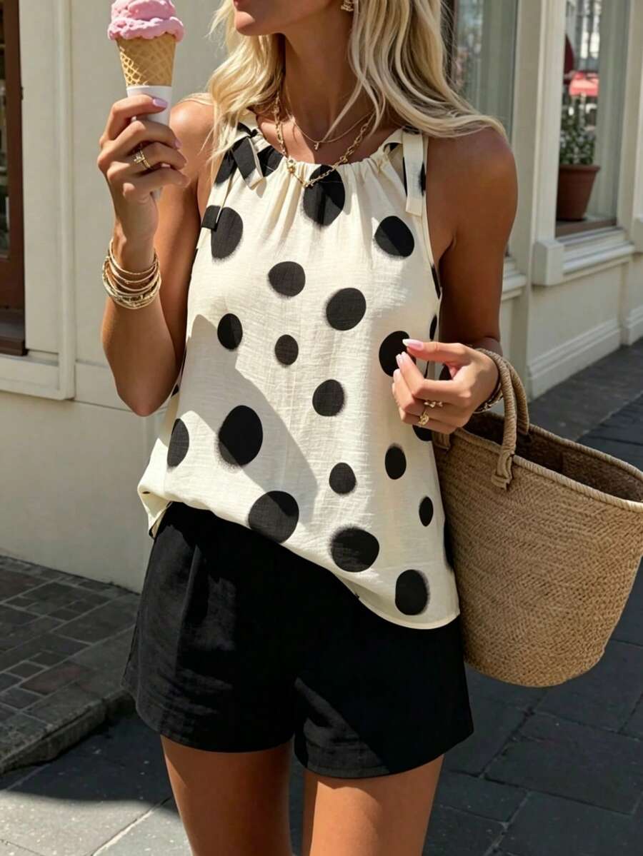 SHEIN PariChic Women's Polka Dot Pattern Loose Casual Vintage Tank Top Picnic Vacation Black White Summer - Multicolor - View 1