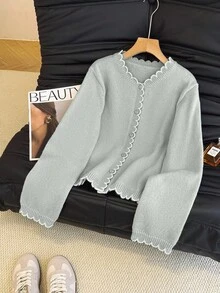 SHEIN Franclia 女款對比飾邊休閒百搭日常穿搭開襟衫 - 灰色 - 查看 6
