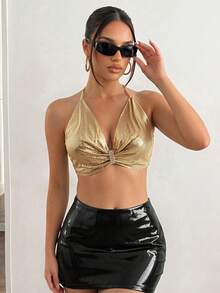 SomedayCozy Women's Metallic Sequin Patchwork Crop Top, Suitable For Halloween, Stage Performance, Evening Party Summer - Gold - View 6