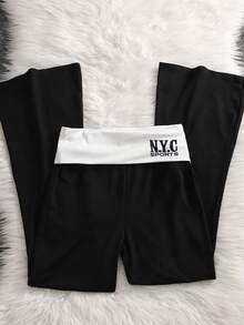 SHEIN Sparklyn 青少年女孩秋季服飾 N.Y.C SPORTS 字母印花對比寬腰帶喇叭褲，度假穿搭 - 黑與白 - 查看 5