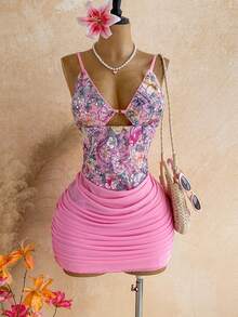 Soleia Plus Size Women's Patchwork Floral Sequin Pleated Sexy Spaghetti Strap Mini Dress Vacation Pink Floral Pink Summer - Pink - View 1