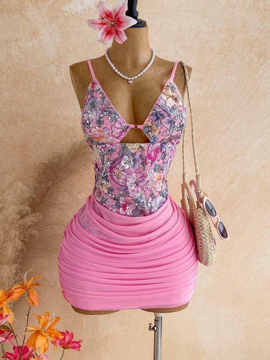 Soleia Plus Size Women's Patchwork Floral Sequin Pleated Sexy Spaghetti Strap Mini Dress Vacation Pink Floral Pink Summer - Pink - View 1