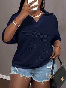 Slaydiva Plus Size Summer Casual Solid Color Knit Top - Navy Blue - View 1