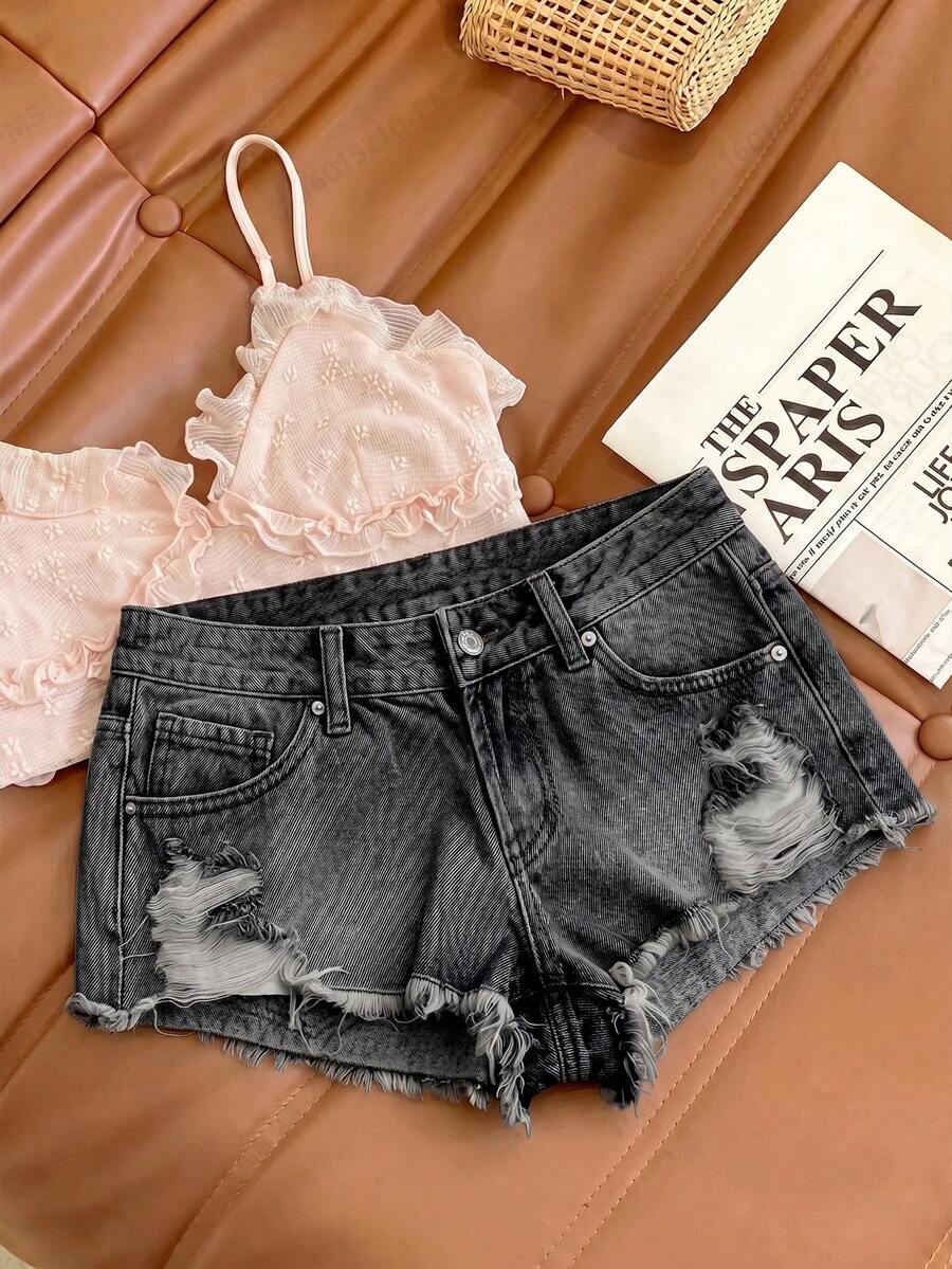 SHEIN 女款休閒做舊超低腰牛仔迷你短褲，附口袋 - 灰色 - 查看 1