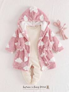 SHEIN 女嬰粉色與白色雲朵花卉印花秋冬睡衣 - 粉色 - 查看 4