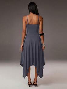 Athîral Vestido Casual Feminino de Malha de Cor Sólida Assimétrico de Comprimento Médio com Alças Finas, Vestido Fluido Feminino para o Dia a Dia, Vestido Casual - Chumbo - Visão 2