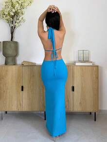 Vassilux Women's Sexy Beach Vacation Deep V Metal Shell Buckle Decor Halter Backless Fitted Long Dress, Blue,Summer Dress,Vacation Dress Elegant - Teal Blue - View 2