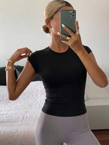 DAZY Women's Casual Basic Round Neck Sports & Yoga Tee Shirt, Black, For Summer - Black - View 14