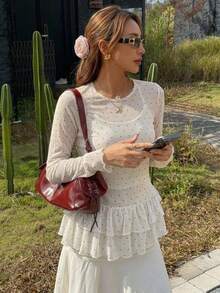 FRIFUL Women Sheer Polka Dot Print Long Sleeve Ruffle Hem Blouse, Summer Fall Top - White - View 11
