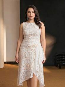 MOTF PREMIUM PLUS SIZE WOMEN'S FLORAL PATTERN ASYMMETRICAL HEM MIDI DRESS - White - View 4