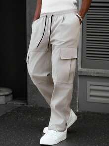 Manfinity Hypemode Men's Casual Fashion Street Solid Color Drawstring Waist Flap Pocket Cargo Pants - Grey - View 5