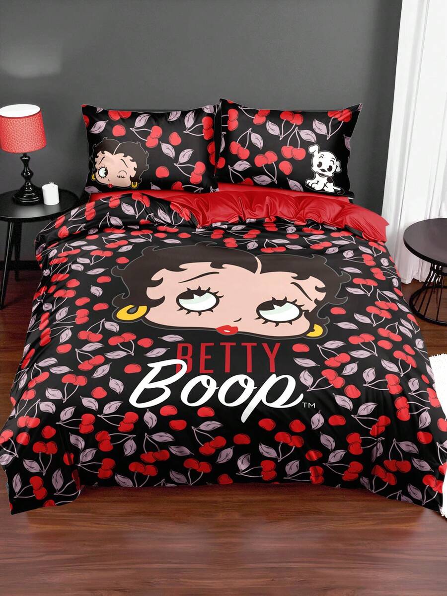 Betty Boop x SHEIN 3 件套樱桃卡通图案羽绒被套,拉绒材质,柔软温暖,黑色羽绒被套,多种尺寸适合单人双人大床,樱桃图案 - 彩色 - 查看 1