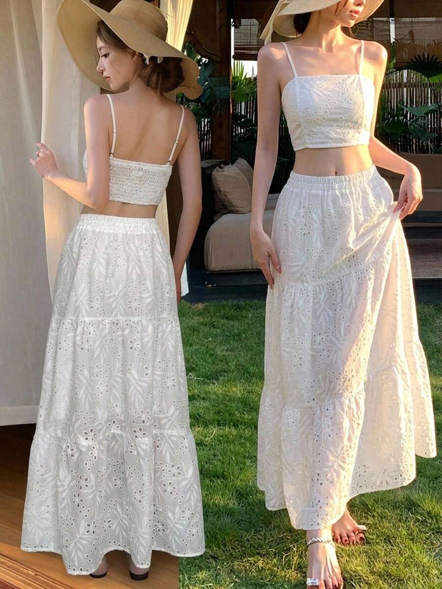 DAZY 女款刺繡兩件套，適合海灘度假，短版細肩帶上衣與長裙夏季套裝 - 白色 - 查看 1