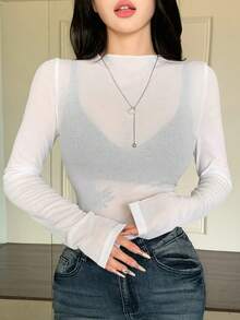 DAZY Autumn/Summer Sheer White Base Layer Semi-High Neck Shiny T-Shirt, Long Sleeve Elegant Casual Women's Top For Wedding, Banquet, Party - White - View 8