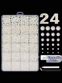 1pc 24 Grid Box Of Various Sizes 2/3/4/5/6/8 Mm Half Pearl Nail Art Jewelry Pearl Resin Flat Bottom Diamond Diy Nail Jewelry Set. - Multicolor - View 1