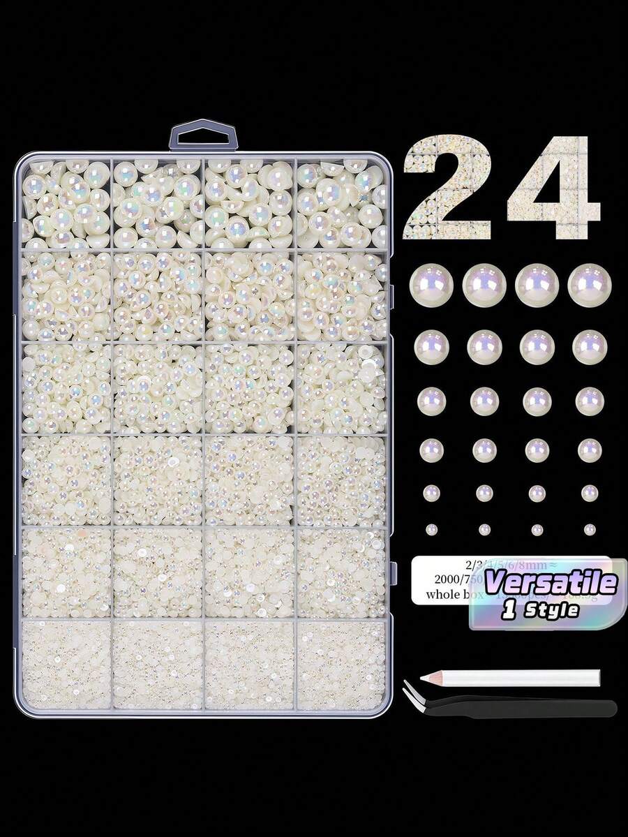 1pc 24 Grid Box Of Various Sizes 2/3/4/5/6/8 Mm Half Pearl Nail Art Jewelry Pearl Resin Flat Bottom Diamond Diy Nail Jewelry Set. - Multicolor - View 1