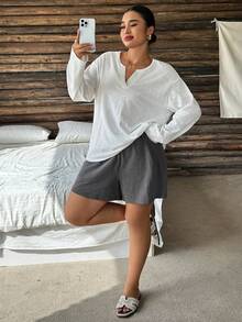 Dazy Plus Solid Color Loose Long Sleeve Pullover Top & Elastic Waist Shorts 2 Pieces Loungewear Set, Spring Summer Autumn Pajama Set - White - View 4