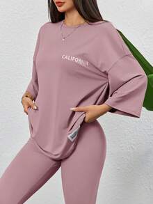 Solavon 休閒拼接字母印花T恤與修身長褲，女款兩件套 - 粉色 - 查看 5