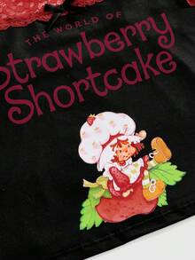Strawberry Shortcake | ROMWE Cute Strawberry Collaboration Lace Patchwork Polka Dot Bow Non-Wired Women's Lingerie Set - Black - View 4