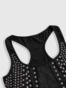 ROMWE Grunge Punk Women's Sequin Patchwork Rivet Decor Casual Versatile Daily Wear Top - Black - View 3