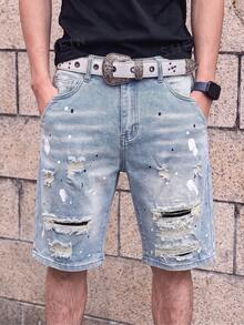 Manfinity EMRG Shorts de mezclilla casuales y versátiles para hombres, para uso diario y viajes, con bolsillo y diseño desgastado - Lavado ligero - Ver 3
