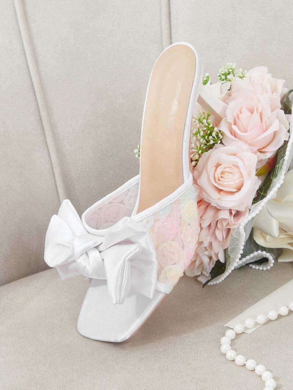 CUCCOO HITCHD Gentle Style White Satin Bow High Heel Sandals Women's Head Lace Splicing Fairy Style With Skirt Slippers