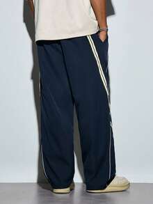 Modcrash 1pc Fashionable Sporty Casual Straight Leg Loose Wide-Leg Pants, Featuring Stylish Ribbed Tape Inserts, Contrast Binding Design, Lightweight Polyester Fabric, Suitable For Gym Wear And Gift - Navy Blue - View 2