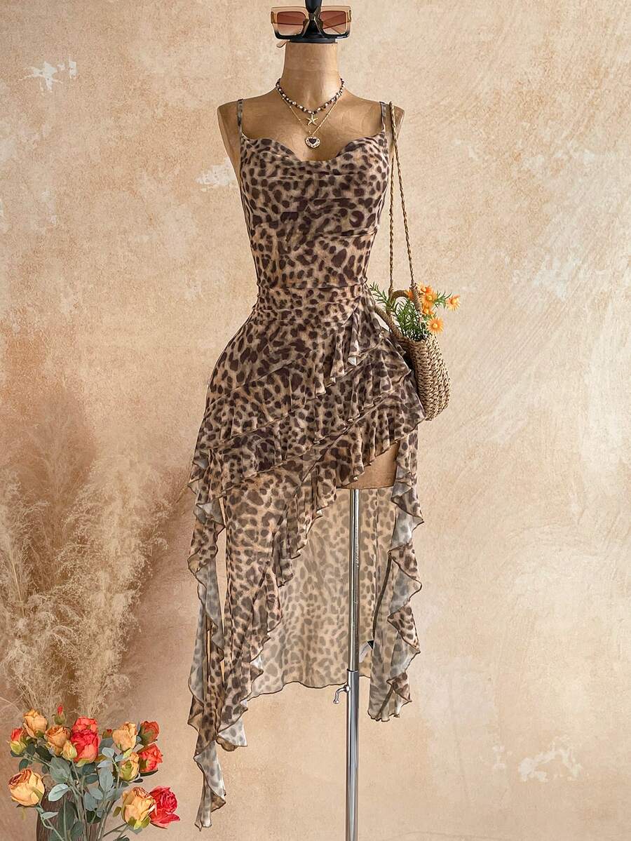 Soleia Women's Beige Cowl Neck Ruffle Asymmetric Hem Maxi Cami Dress Party Night Vacation Night Out Date Night Summer Sexy Tropical Boho - Multicolor - View 1