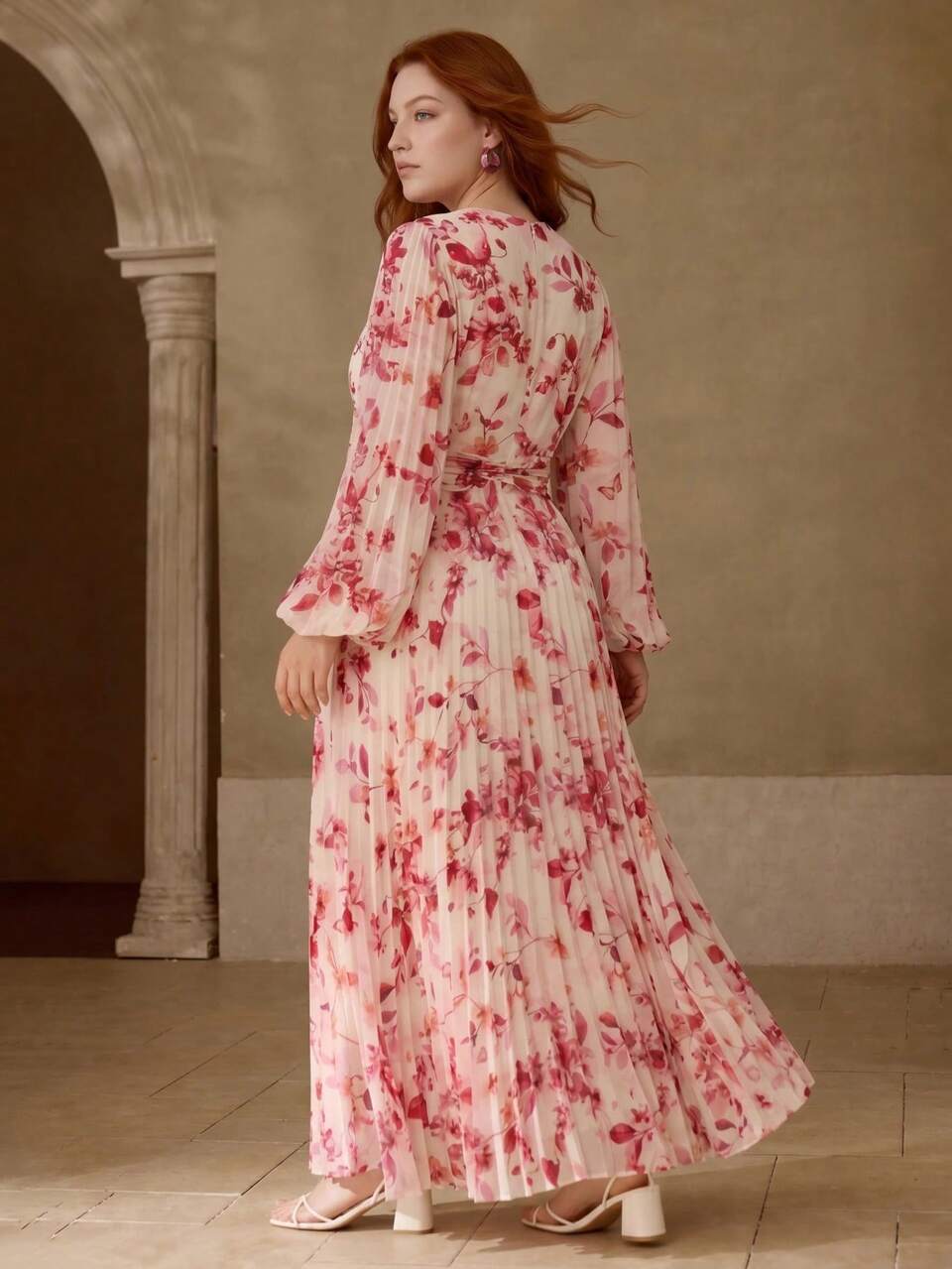 WOMEN'S PLUS SIZE V-NECK LONG SLEEVE PLEATED PRINTED ROMANTIC DATE MIDI DRESS, AUTUMN/WINTER