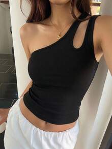 DAZY Women's One Shoulder Hollow Out Slim Fit Top Summer,Crop Tops Women Going Out Tops - Black - View 14