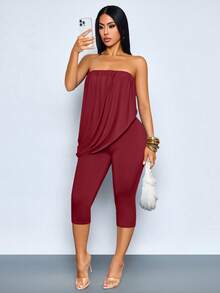 SOLERSUN Mono Capri Ajustado con Hombros Descubiertos, Drapeado y Fruncido para Mujer, Conjunto Casual de Verano 2 en 1 para Salir, Mono Asimétrico con Hombros Descubiertos y Drapeado de Verano Y2K para Mujer, Conjunto de 2 Piezas de Pantalones Capri Ajustados para Club, Fiesta y Vacaciones, Mono de Verano 2025 para Mujer con Hombros Descubiertos, Fruncido, Drapeado y Bajo Asimétrico, Conjunto Casual de Pantalones Capri Ajustados para Salir - Rojo - View 6