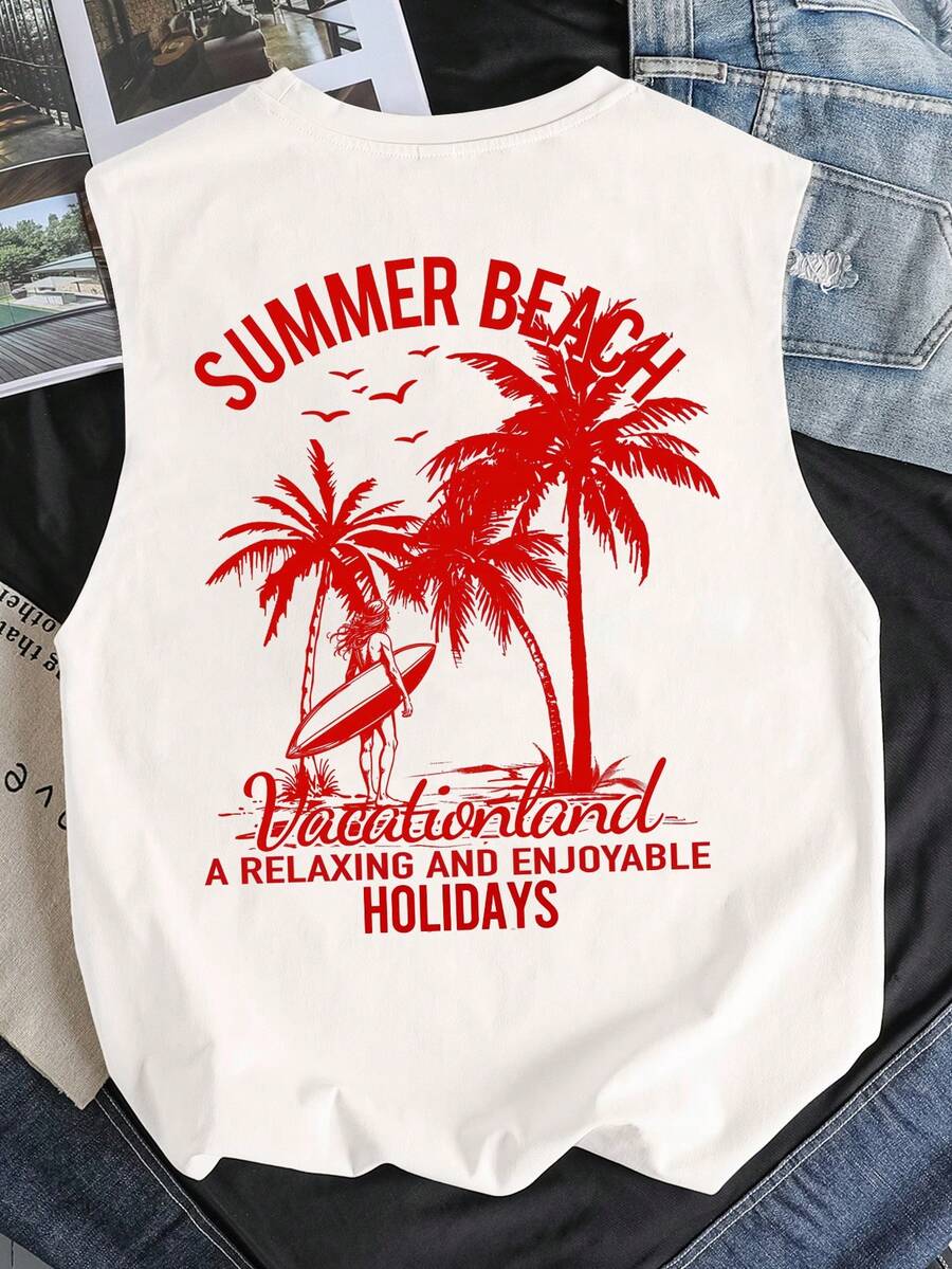 Manfinity Joysei Camiseta sin mangas casual de vacaciones para hombre talla grande con estampado de árbol de coco - Blanco - Ver 1
