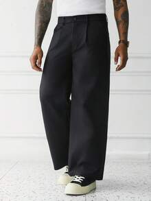 Manfinity Homme Men's Street Black Baggy Wide Leg Stiff Mature Casual Pants,Street-Style Perfect For Everyday Outings,Gifts Suitable For A Husband - Black - View 4